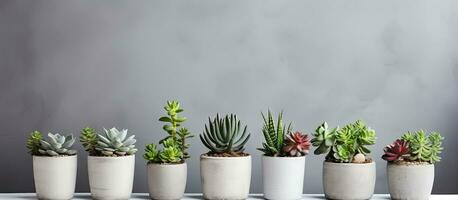 Grey background with handmade concrete flowerpots holding succulents photo