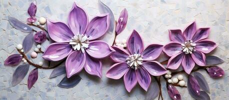 Mosaic clematis flower on handmade tile wall for interior design photo