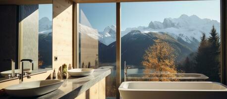 Window view of Swiss Alps mountains in bathroom fragment photo