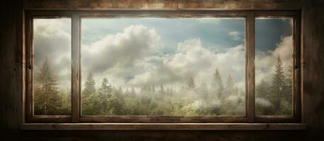 Window in a wooden wall amidst forest and clouds photo