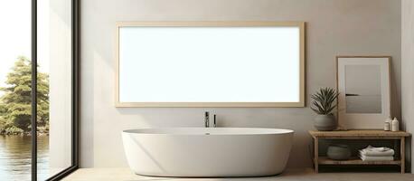 Minimalist style bathroom with natural light and a blank canvas frame photo