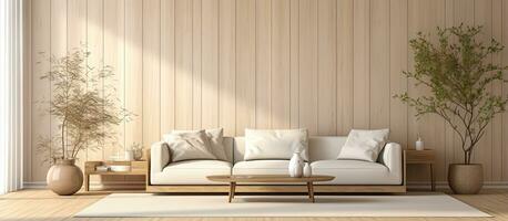 Minimal modern Japanese living room with white and beige wallpaper wooden walls parquet floor fabric sofa carpets and decors illustration photo