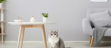 gris gato saltando en blanco silla en elegante vivo habitación con comida zona foto