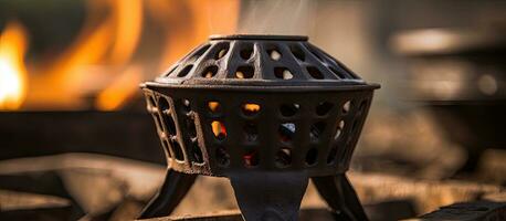 Selective focus closeup photo of traditional Azerbaijani nut stove with burning fire in small black iron