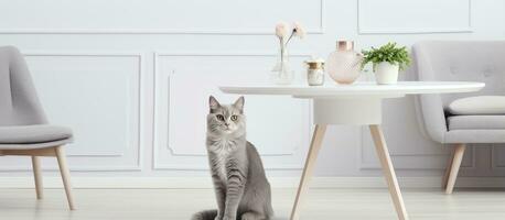 Gray cat jumping on white chair in stylish living room with dining area photo