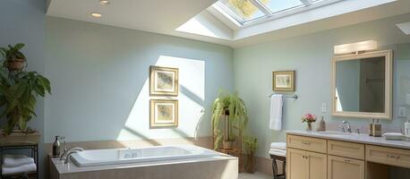 Skylit master bathroom in suburban residence photo