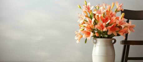 de cerca de Alstroemeria flores en florero en silla cerca brillante pared foto