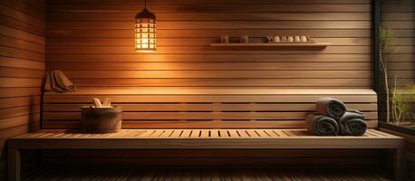 Close up view of an infrared sauna with wooden walls bench and ceramic heaters emphasizing a healthy lifestyle photo