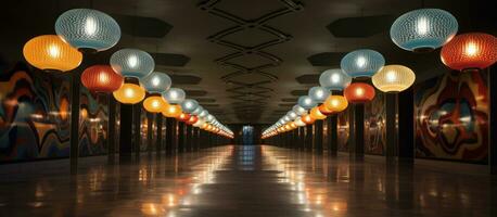 Corridor of a Turkish house adorned with ceramic floor and ceiling lights photo