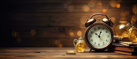 Alarm clock and magnifier on table photo