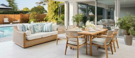 Photographing a contemporary coastal lounge with a view through printed armchairs to an outdoor dining area at the back of a suburban house photo