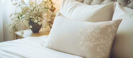 Gorgeous pillow adorning bedroom interior photo