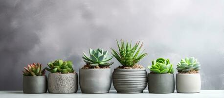 Grey background with handmade concrete flowerpots holding succulents photo