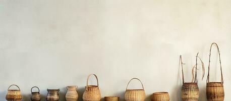 Woven baskets on shelf by bright wall photo