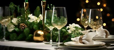 Beautiful holiday table decor featuring green and white accents photo