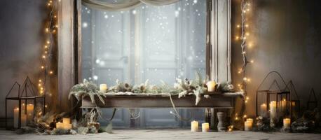 Candles and garland for winter decorations photo