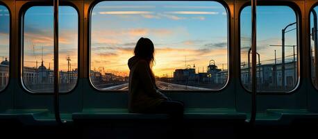 silueta de un mujer sentado en un tren enmarcado por ventanas foto