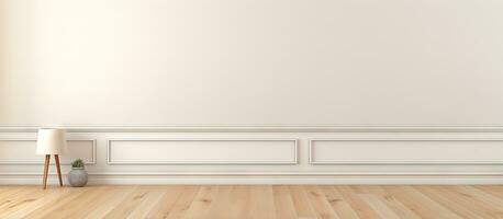 empty living room with vintage oak floor and striped vinyl wallpaper photo