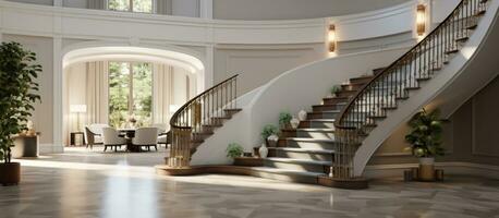 California 4 May 2021 Elegant illuminated stairway in spacious mansion with modern design Stylish railing and bright elements create a luxurious interior photo