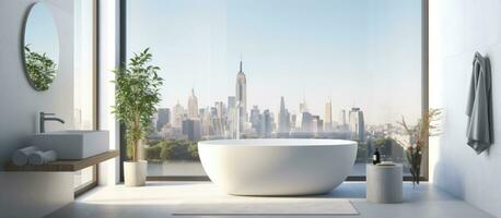 ed bright bathroom with bathtub stool towel shampoo panoramic window city skyscrapers view white walls concrete tile floor photo