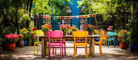 Colorful outdoor furniture in the garden photo