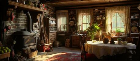 Traditional Russian estate interior of an old farmhouse photo