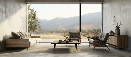 of a contemporary cozy space with armchairs sideboard with artwork and coffee table on a concrete floor Panoramic countryside view from a large window photo