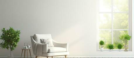 blanco habitación con Sillón y verde paisaje en ventana escandinavo interior ilustración foto