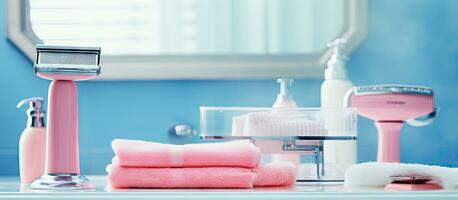 Clean tones on sink with pink and blue shavers and soap photo