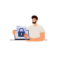 Cyber safety cyber security and privacy concept. Cyber defender and laptop. Vector illustration of Security, Personal Access, User Authorization, Internet and Data Protection, Cybersecurity.