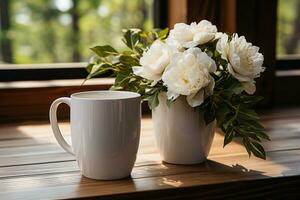 Wedding mockup, peony, green leaves, white mugs, boho-style cups AI Generated photo