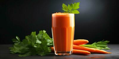 cerca arriba de Fresco Zanahoria jugo con verduras, aislado en negro fondo, ai generado foto