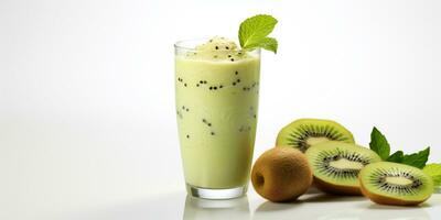 close up of Fresh Kiwi Juice with fruits on table, isolated on white background, AI Generated photo