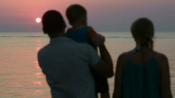 familie van drie aan het kijken zonsondergang over- zee video