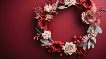 Top view of Blooming colorful wreath flowers and petals isolated on red table background, Floral frame composition, copy space, flat lay, AI Generative photo