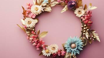 Top view of Blooming colorful wreath flowers and petals isolated on pastel table background, Floral frame composition, copy space, flat lay, AI Generative photo