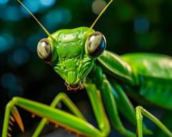 un mantis Listo a Huelga un macro Disparo de un verde insecto con puntiagudo piernas y compuesto ojos en un frondoso antecedentes ai generativo foto