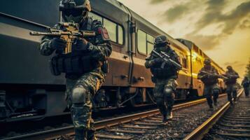 comando equipo en camuflaje uniformes y cascos con asalto rifles en un tren pista ai generado