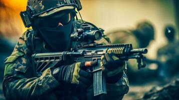 táctico combate cómo equipo de soldados peleas en un zona de guerra ai generado foto