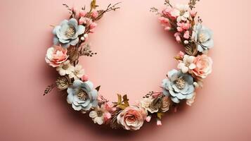 Top view of Blooming colorful wreath flowers and petals isolated on pastel table background, Floral frame composition, copy space, flat lay, AI Generative photo