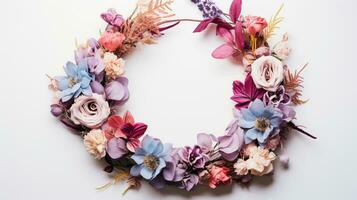 Top view of Blooming colorful wreath flowers and petals isolated on white table background, Floral frame composition, copy space, flat lay, AI Generative photo