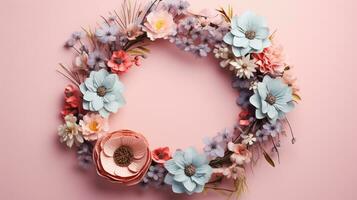 Top view of Blooming colorful wreath flowers and petals isolated on pastel table background, Floral frame composition, copy space, flat lay, AI Generative photo