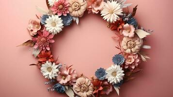 Top view of Blooming colorful wreath flowers and petals isolated on pastel table background, Floral frame composition, copy space, flat lay, AI Generative photo