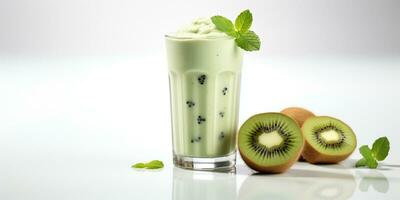 close up of Fresh Kiwi Juice with fruits on table, isolated on white background, AI Generated photo