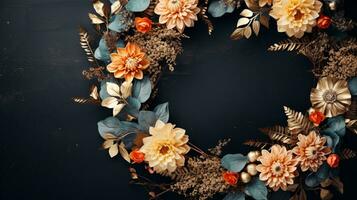 Top view of Blooming colorful wreath flowers and petals isolated on table black background, Floral frame composition, copy space, flat lay, AI Generative photo