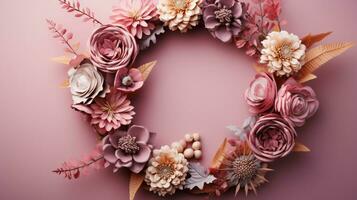 Top view of Blooming colorful wreath flowers and petals isolated on pastel table background, Floral frame composition, copy space, flat lay, AI Generative photo