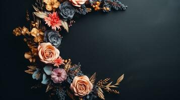 Top view of Blooming colorful wreath flowers and petals isolated on table black background, Floral frame composition, copy space, flat lay, AI Generative photo