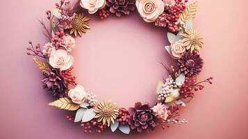 Top view of Blooming colorful wreath flowers and petals isolated on pastel table background, Floral frame composition, copy space, flat lay, AI Generative photo