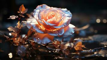 Peach Rose with Dew Drops A Beautiful and Elegant Flower on a Dark Background photo