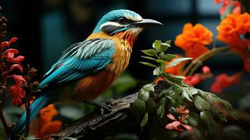 vistoso pájaro con azul cabeza y naranja pecho en rama con flores un maravilloso y camuflado ai generado foto